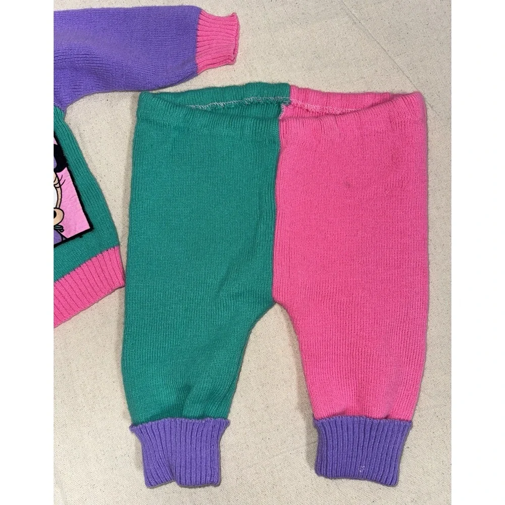 1984 Vtg Disney Babies Minnie Mouse Knit ColorBlock Cardigan Pants Hat Set‎ 0-6M